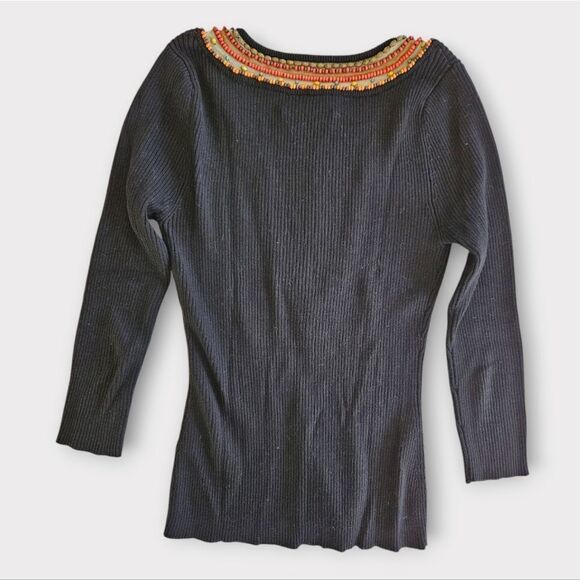 Vintage Berek Takako Sakon Hand Wood Beaded Artisan Ribbed Knit Top Sweater SP - Picture 2 of 7